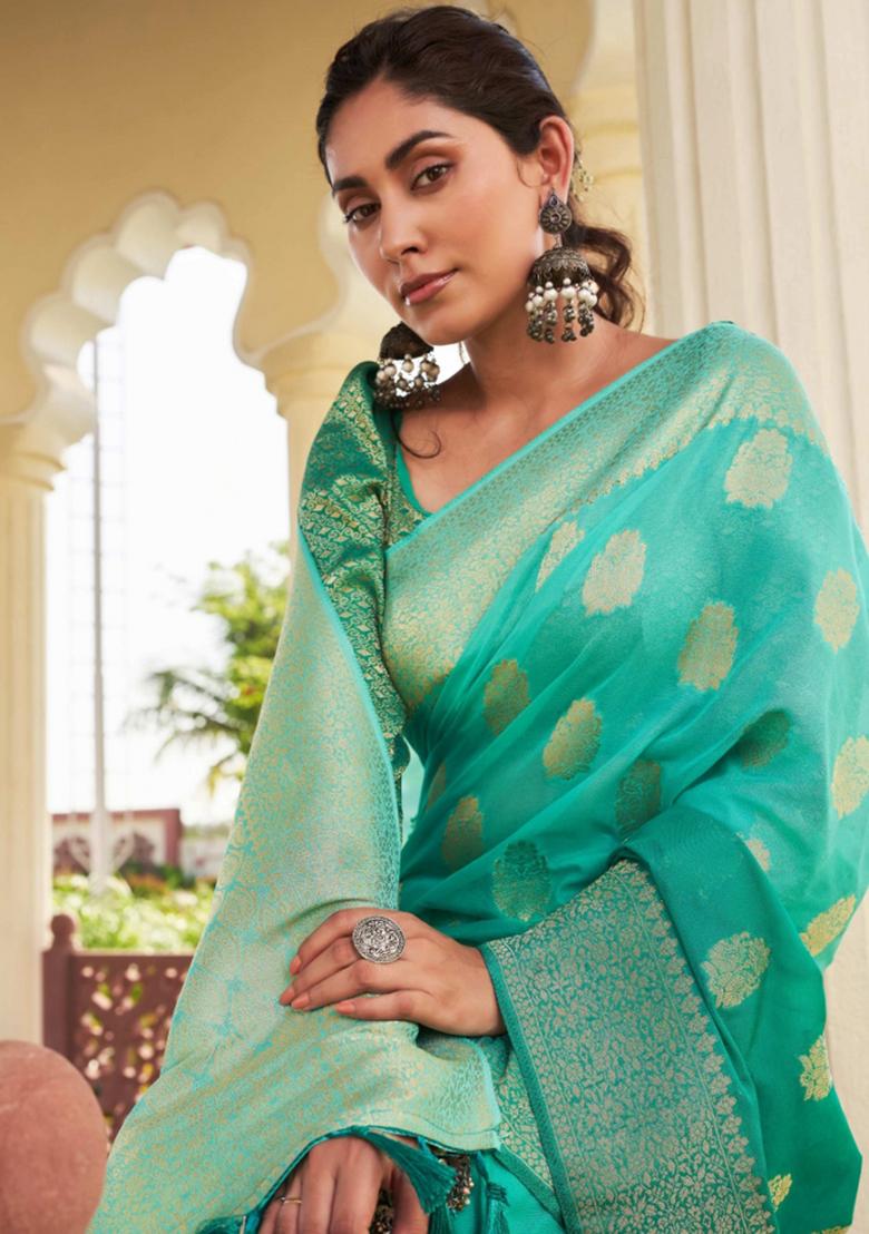 Sea Green Zari Work Georgette Saree Set - Indya