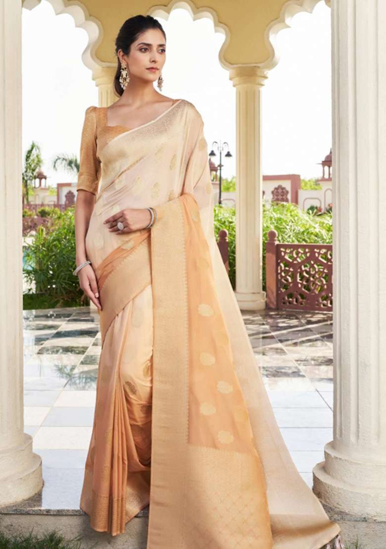 Peach Georgette Saree Set with Zari Work for Diwali | Wedding & Festive Wear - Indya