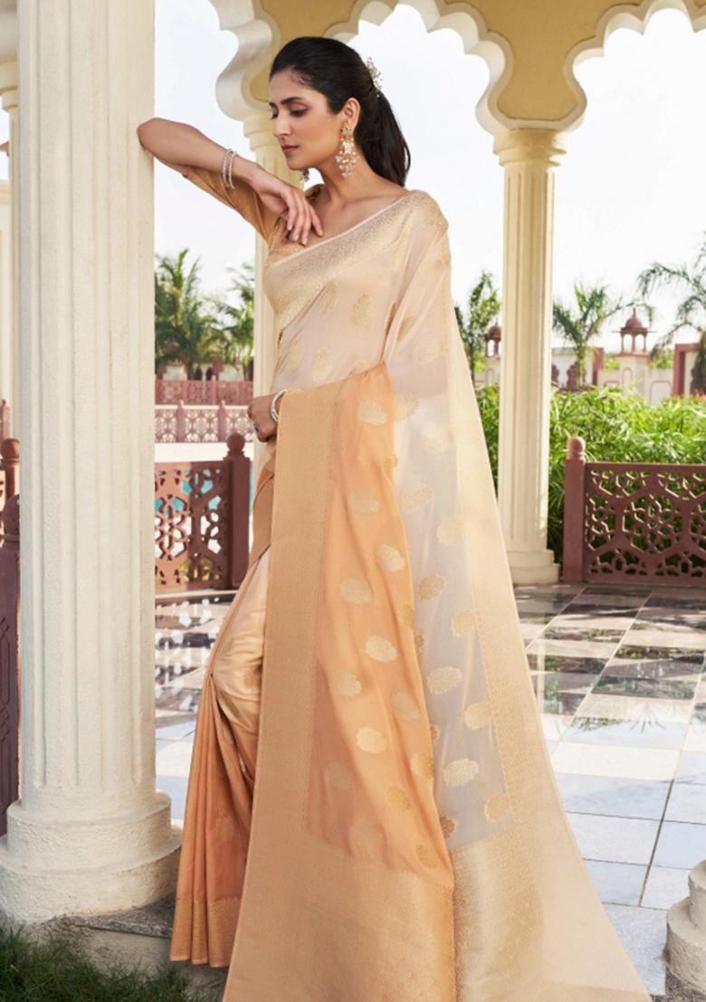 Peach Zari Work Georgette Saree Set - Indya