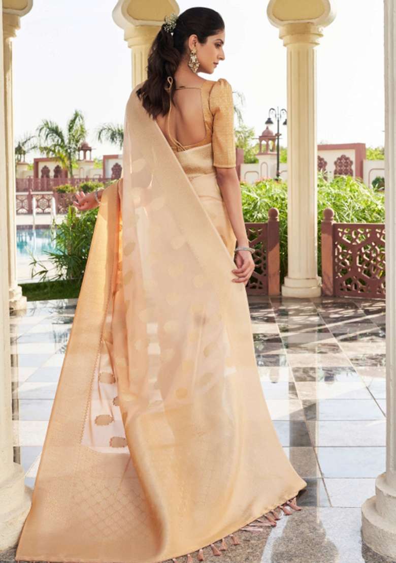 Peach Georgette Saree Set with Zari Work for Diwali | Wedding & Festive Wear - Indya
