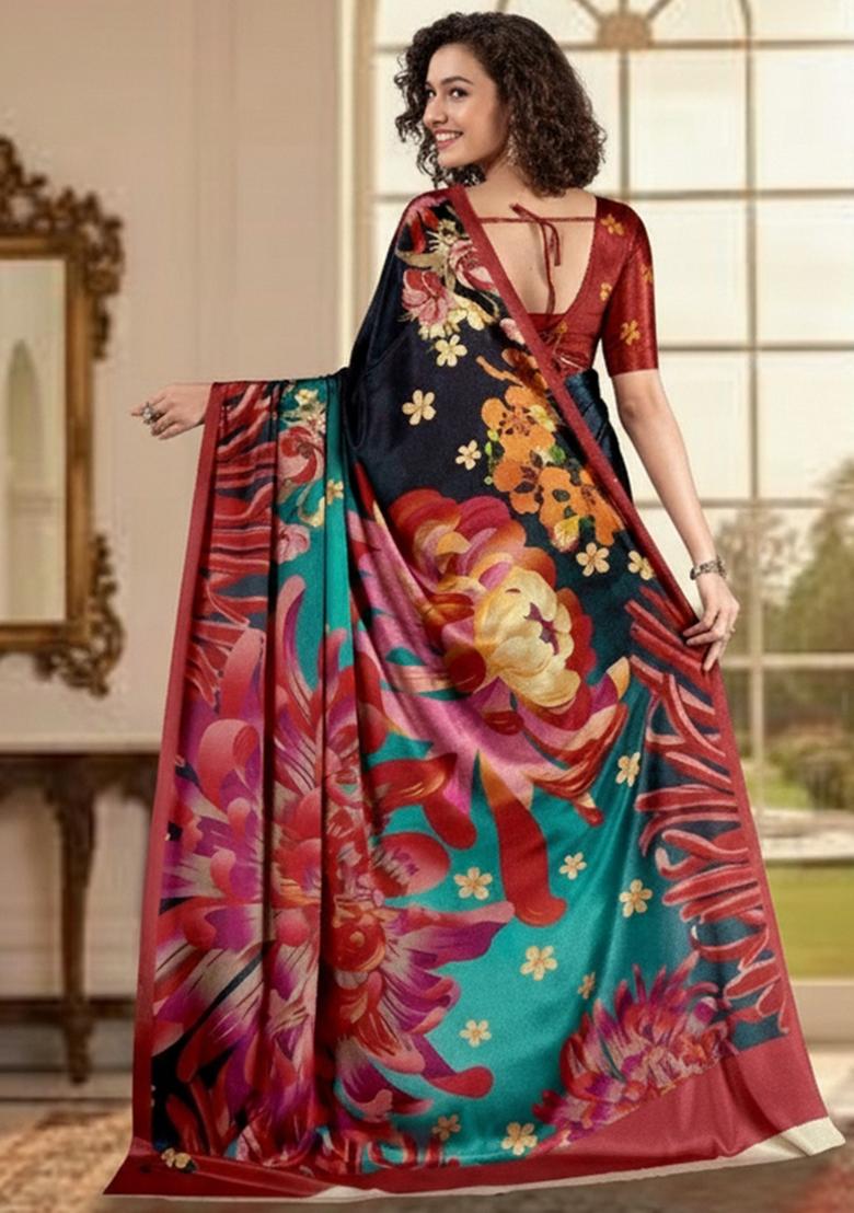 Blue Abstract Crepe Saree Set - Indya