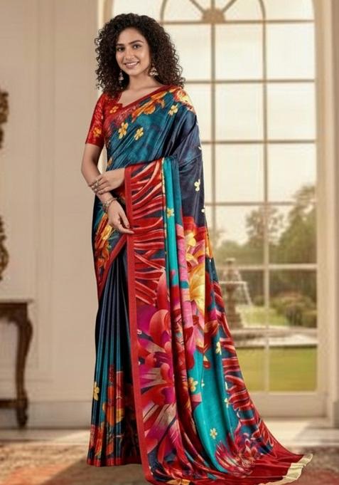 Blue Abstract Crepe Saree Set