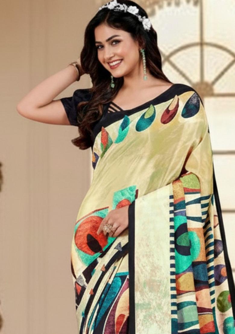 Yellow Abstract Crepe Saree Set - Indya