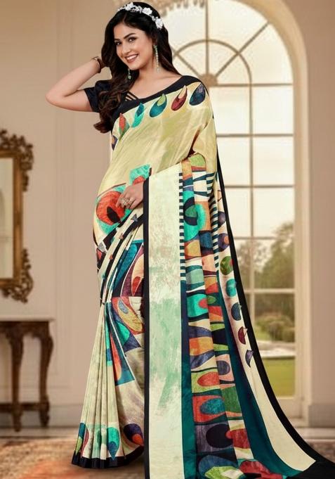 Yellow Abstract Crepe Saree Set