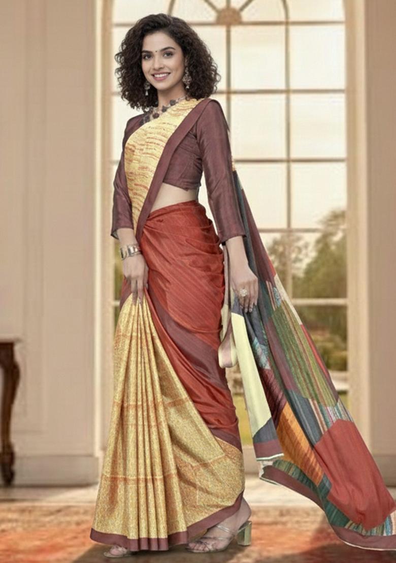 Yellow Abstract Crepe Saree Set - Indya