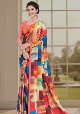 Multicolor Abstract Crepe Saree Set