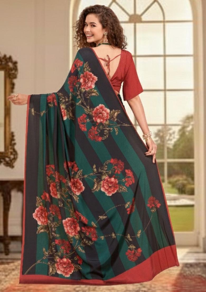 Green Abstract Crepe Saree Set - Indya