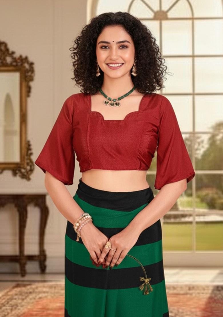 Green Abstract Crepe Saree Set - Indya