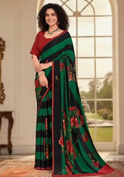 Green Abstract Crepe Saree Set