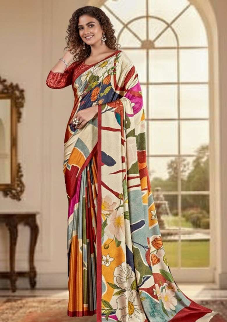Cream Abstract Crepe Saree Set for Diwali | Wedding & Festive Wear - Indya