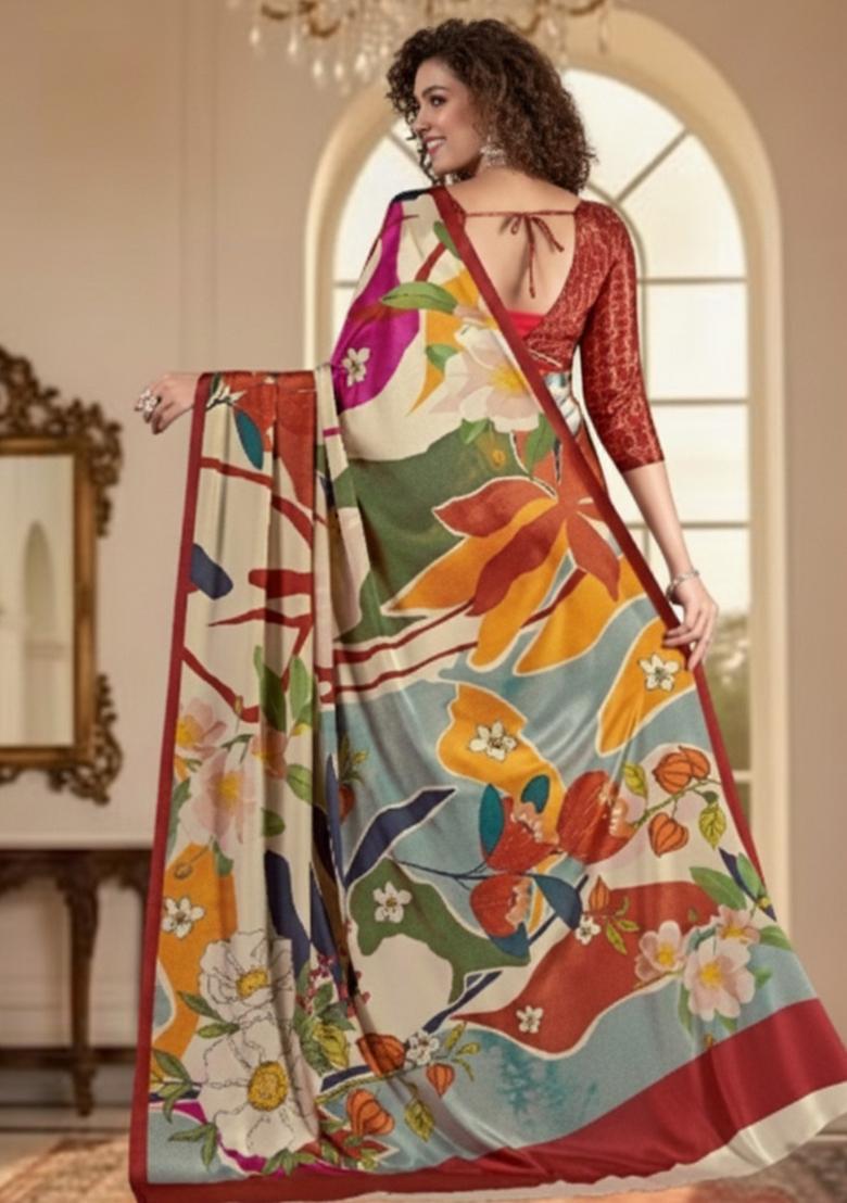 Cream Abstract Crepe Saree Set - Indya