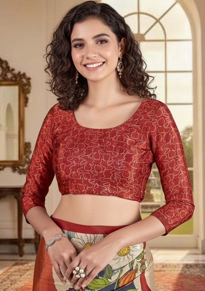 Cream Abstract Crepe Saree Set - Indya