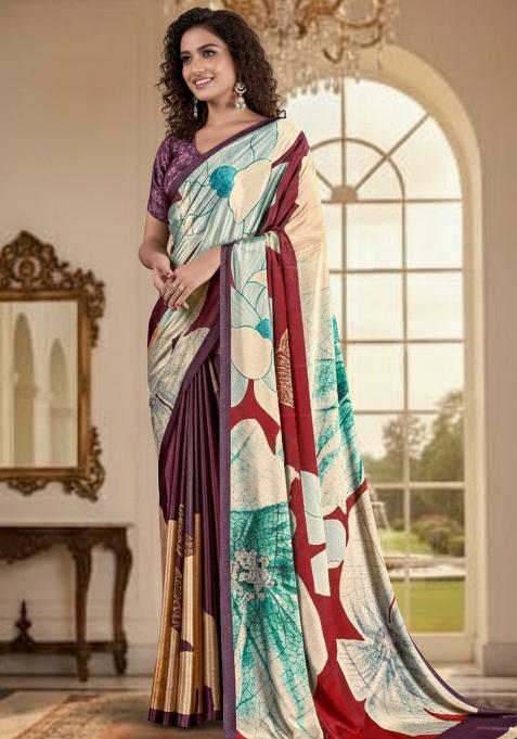 Multicolor Abstract Crepe Saree Set