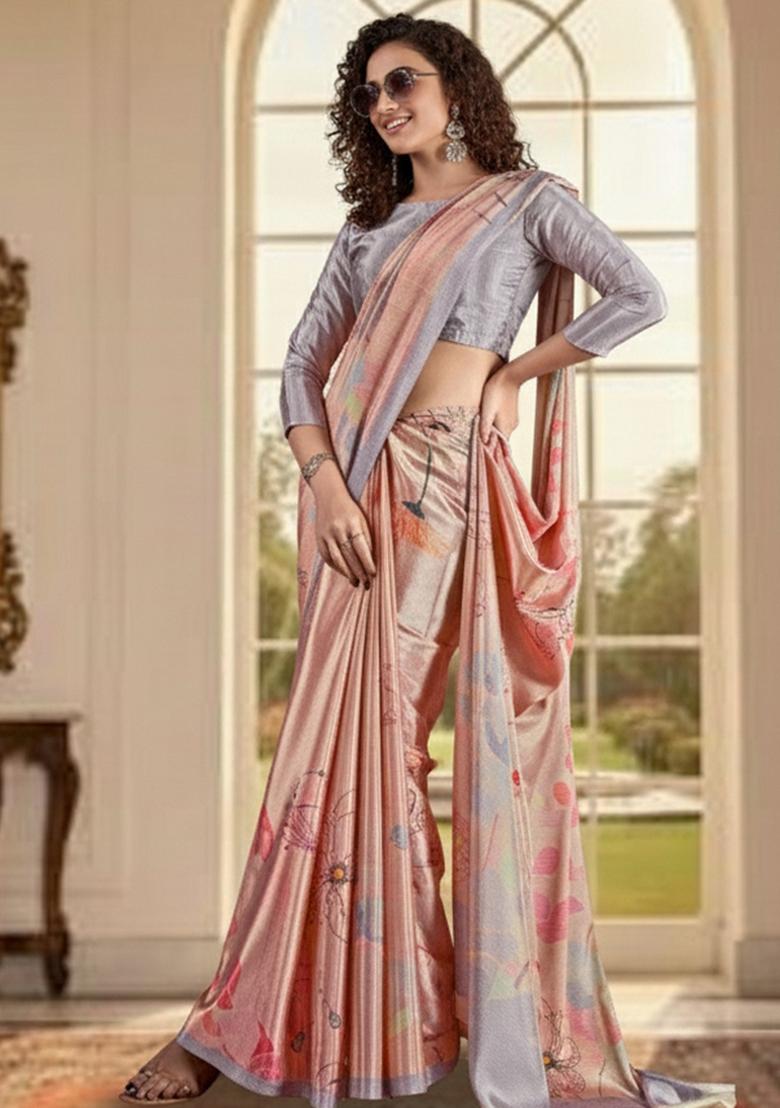 Pink Abstract Crepe Saree Set - Indya