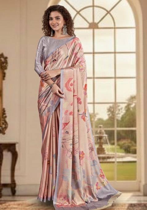 Pink Abstract Crepe Saree Set