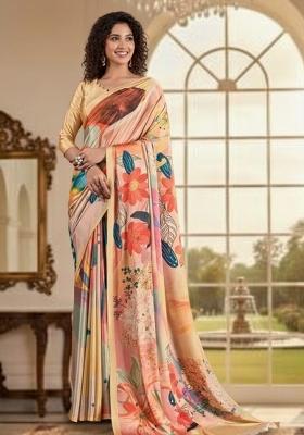 Peach Abstract Crepe Saree Set