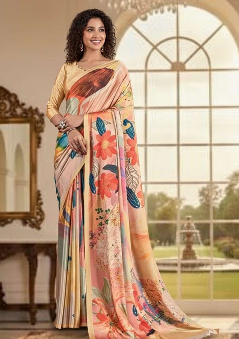 Peach Abstract Crepe Saree Set for Diwali and Festive Wear - Indya