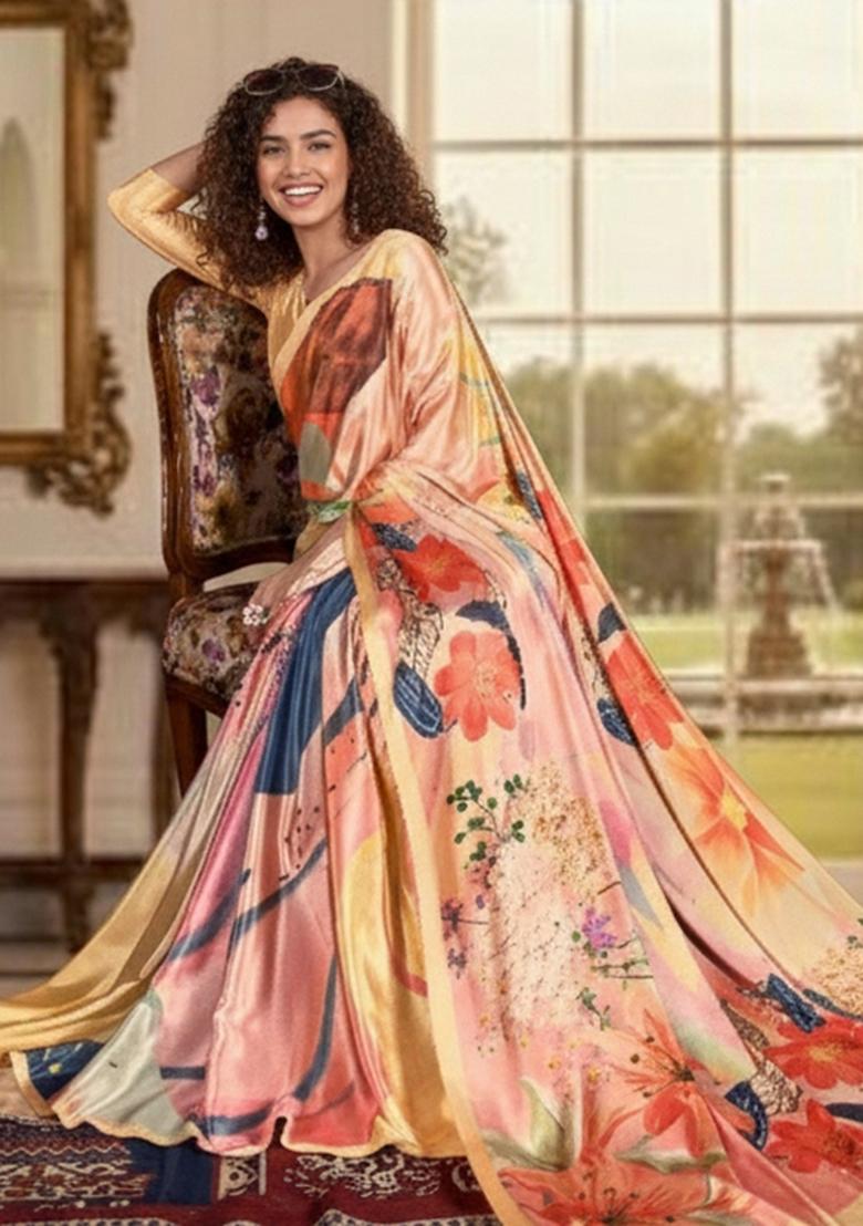 Peach Abstract Crepe Saree Set - Indya