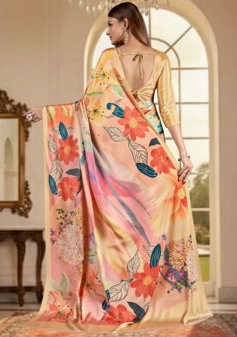 Peach Abstract Crepe Saree Set for Diwali and Festive Wear - Indya