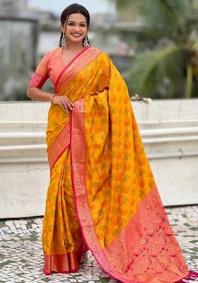 Mustard Zari Work Silk Saree Set