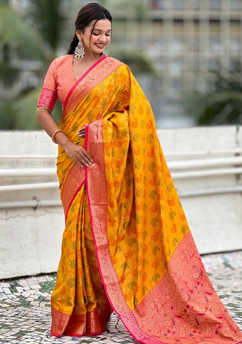 Mustard Zari Work Silk Saree Set - Indya