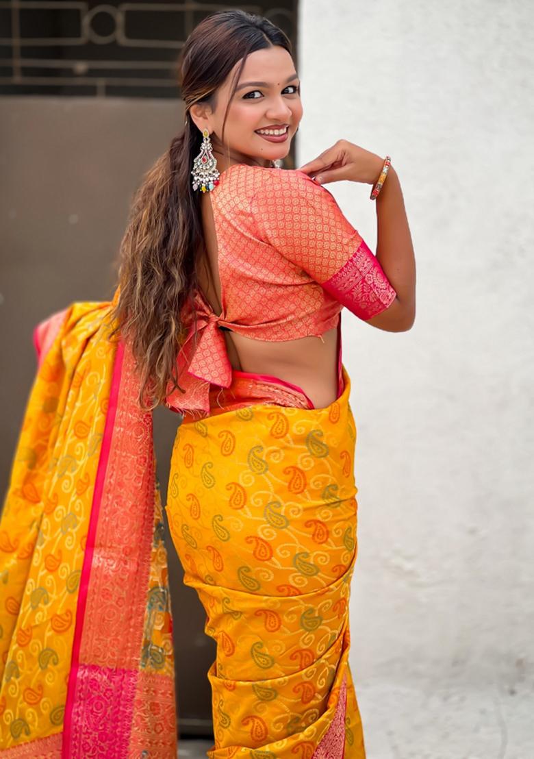 Mustard Zari Work Silk Saree Set - Indya