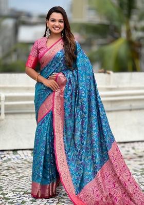 Blue Zari Work Silk Saree Set