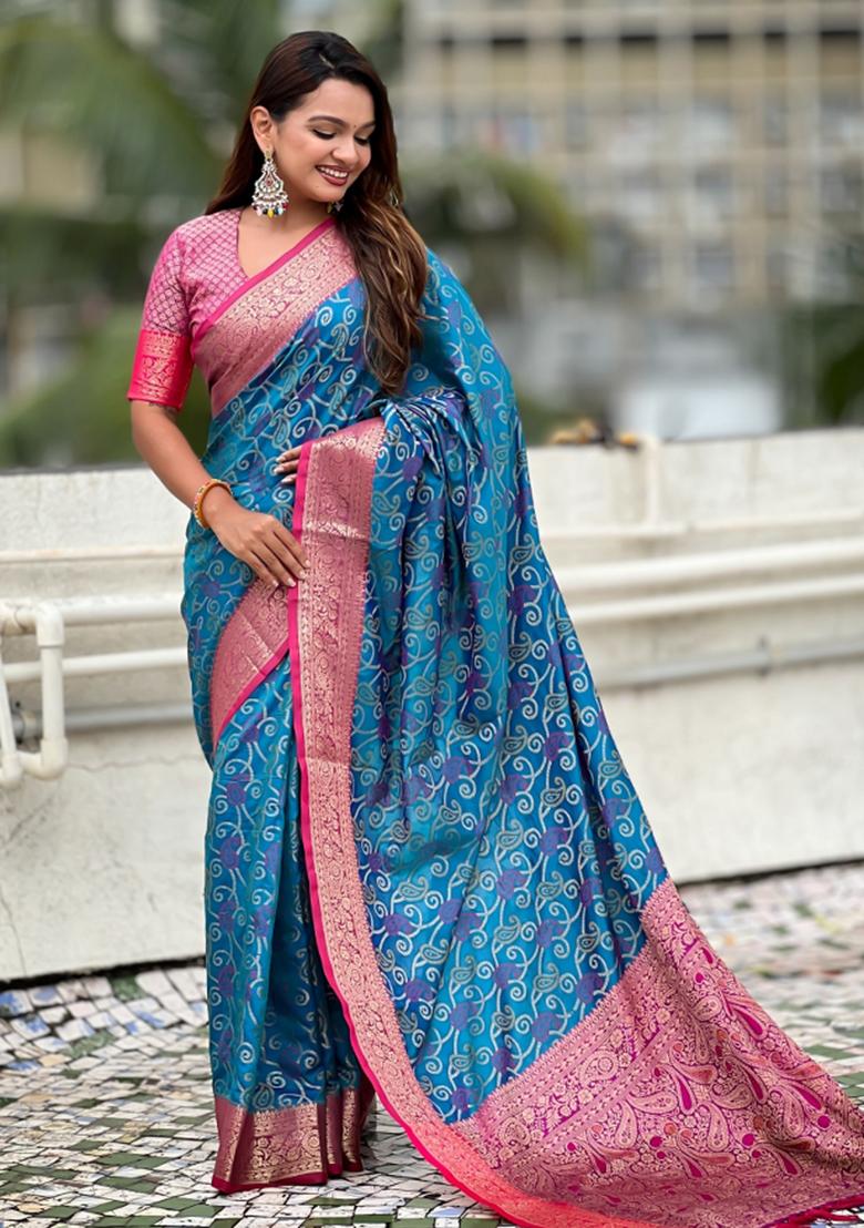 Blue Zari Work Silk Saree Set - Indya