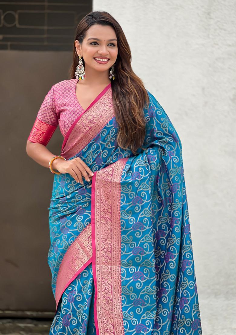 Blue Zari Work Silk Saree Set - Indya