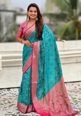 Sea Green Zari Work Silk Saree Set