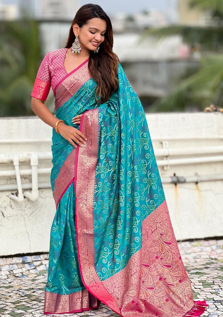 Sea Green Zari Work Silk Saree Set - Indya