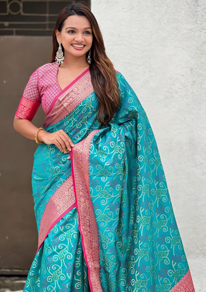 Sea Green Zari Work Silk Saree Set - Indya