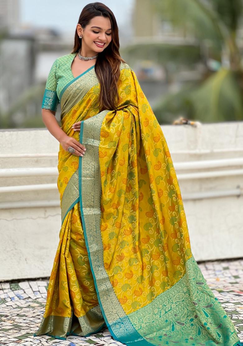 Green Zari Work Silk Saree Set - Indya