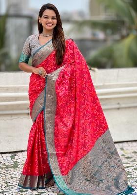 Pink Zari Work Silk Saree Set