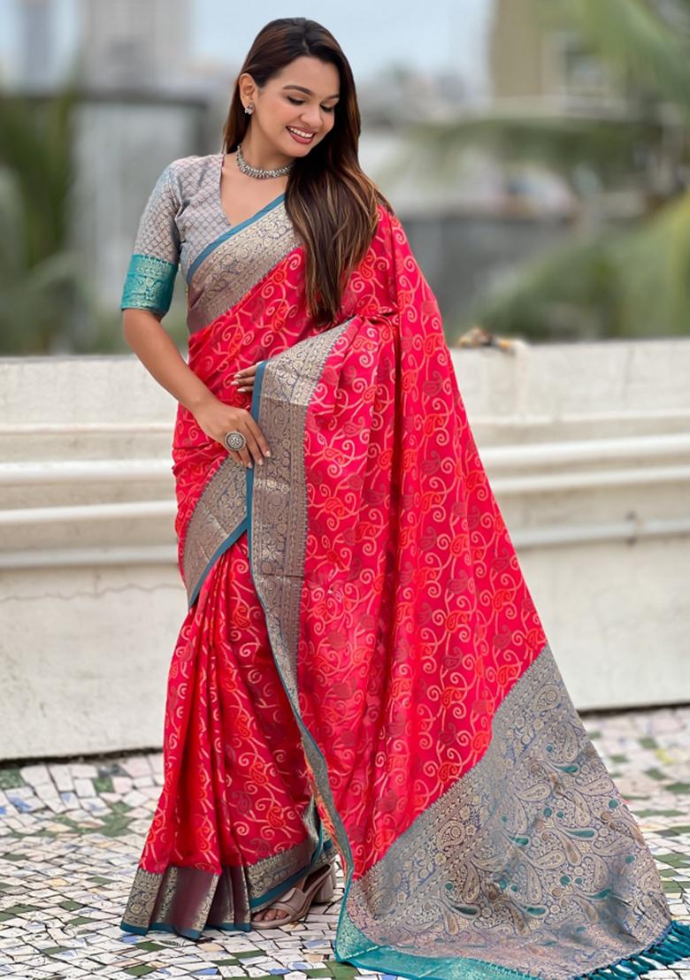 Pink Zari Work Silk Saree Set - Indya