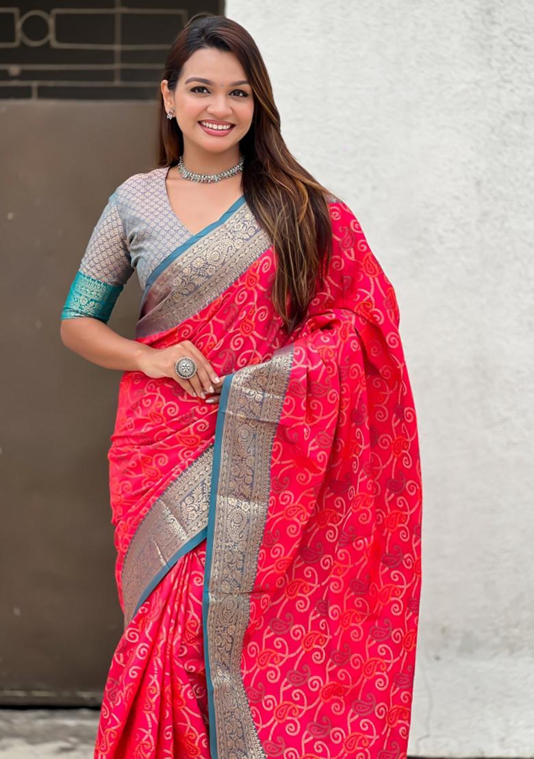 Pink Zari Work Silk Saree Set - Indya