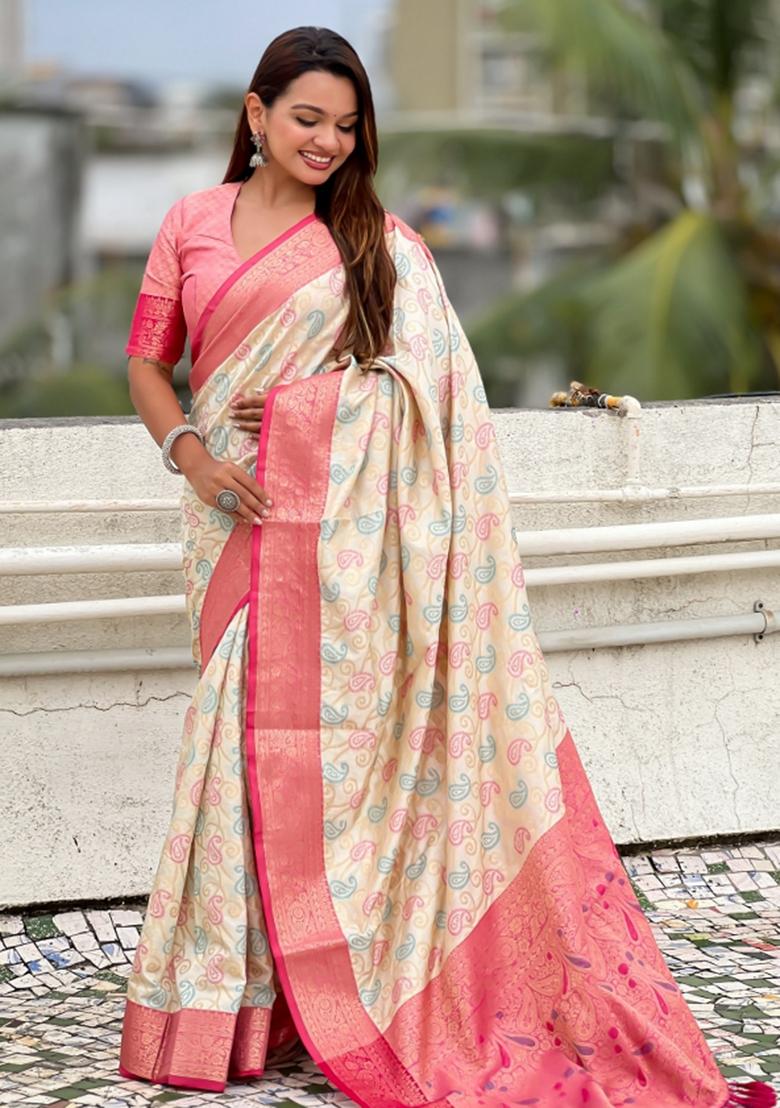 Cream Zari Work Silk Saree Set - Indya