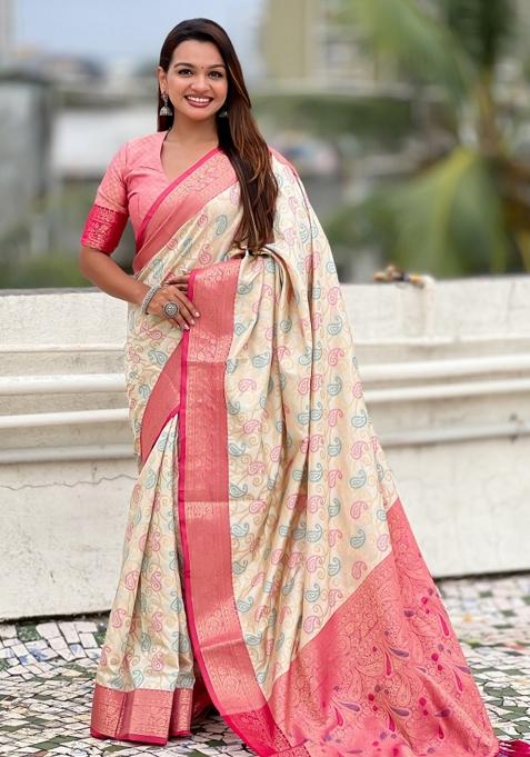 Cream Zari Work Silk Saree Set