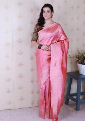 Pink Zari Work Silk Saree Set