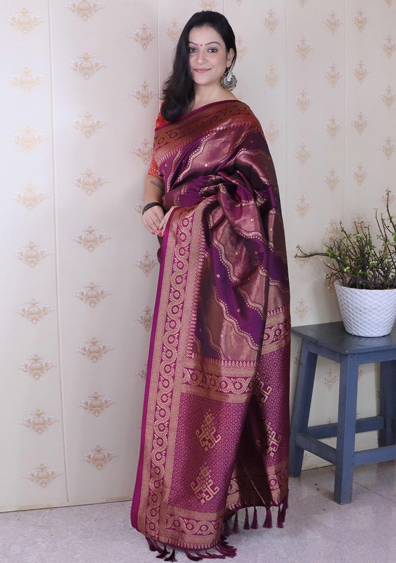 Wine Zari Work Silk Saree Set - Indya