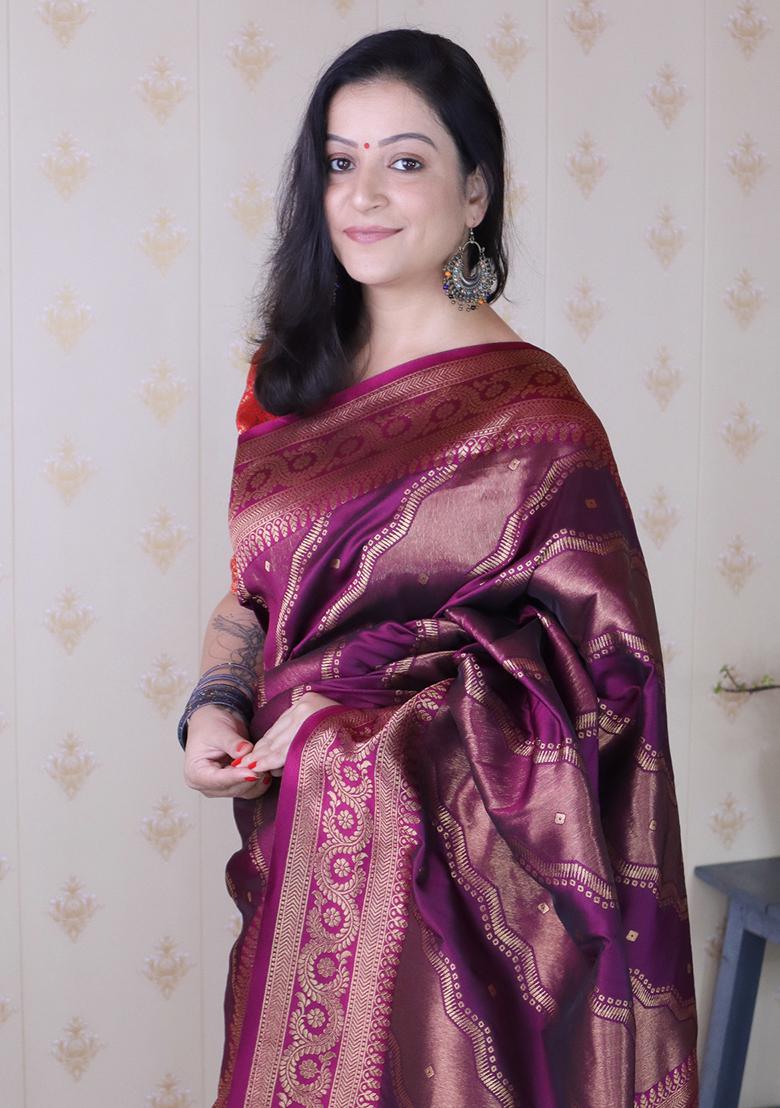 Wine Zari Work Silk Saree Set - Indya