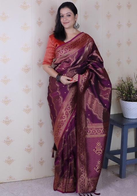 Wine Zari Work Silk Saree Set