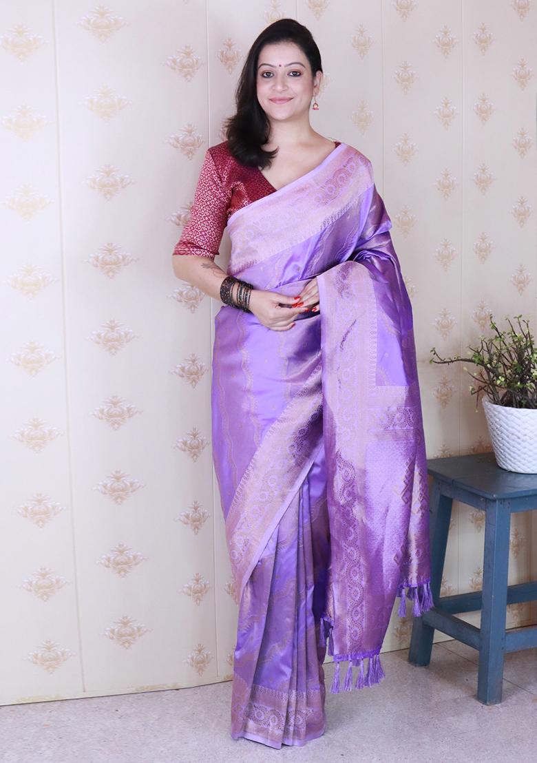 Lavender Zari Work Silk Saree Set - Indya