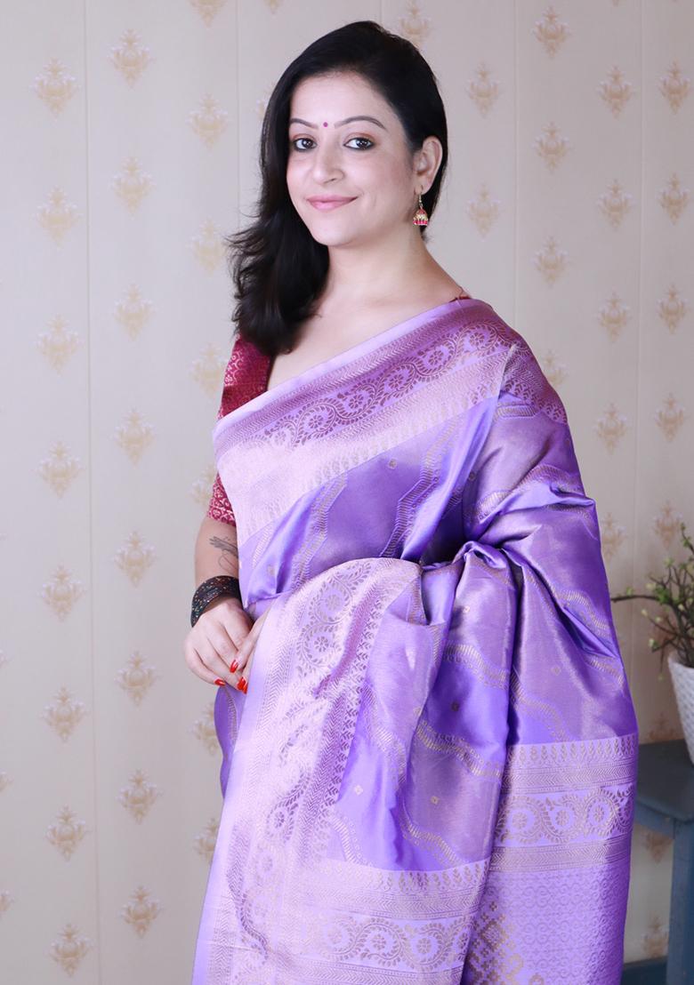 Lavender Zari Work Silk Saree Set - Indya
