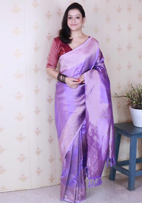 Lavender Zari Work Silk Saree Set