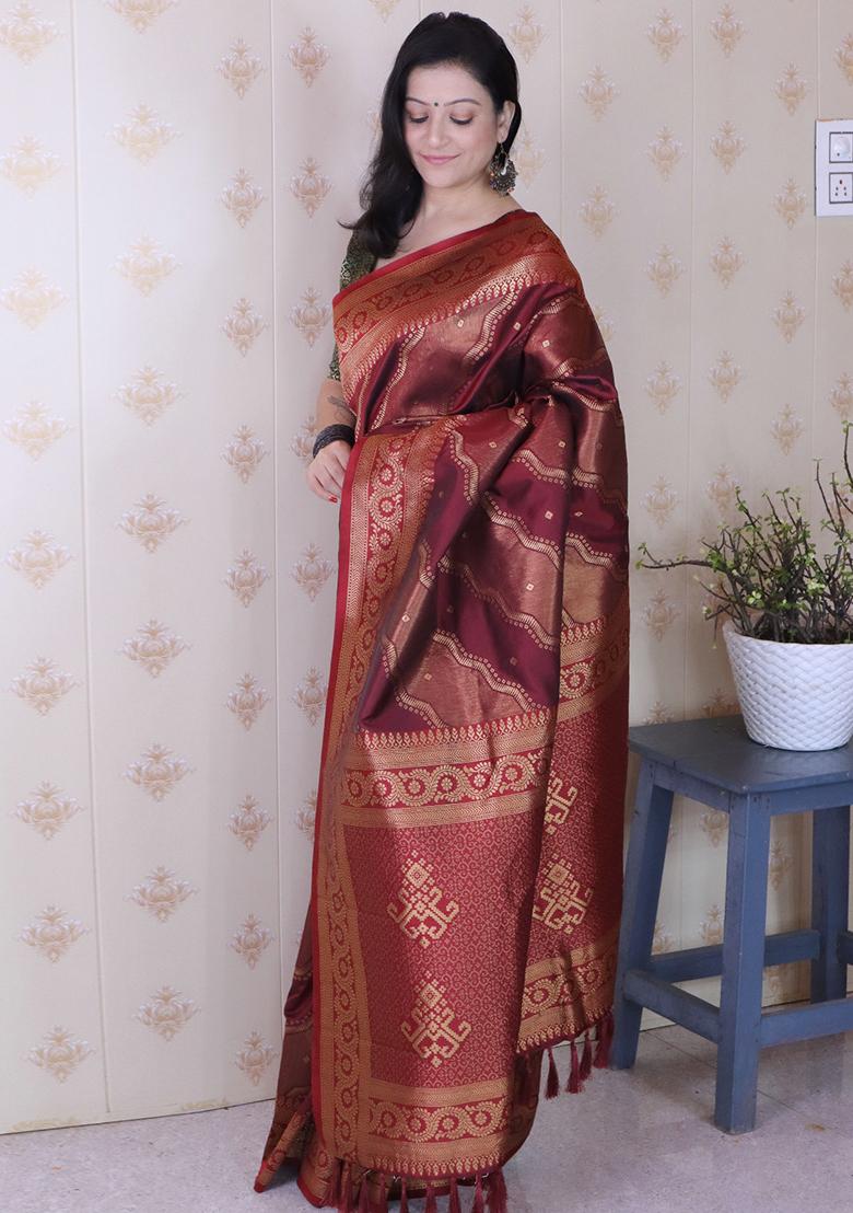 Maroon Zari Work Silk Saree Set - Indya