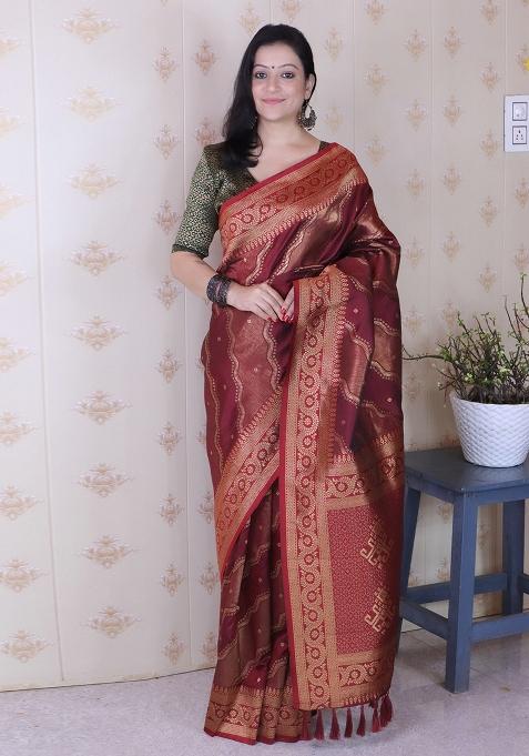 Maroon Zari Work Silk Saree Set