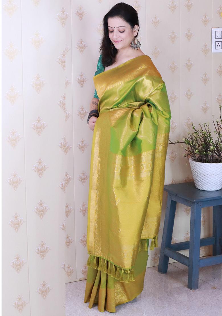 Green Zari Work Silk Saree Set - Indya