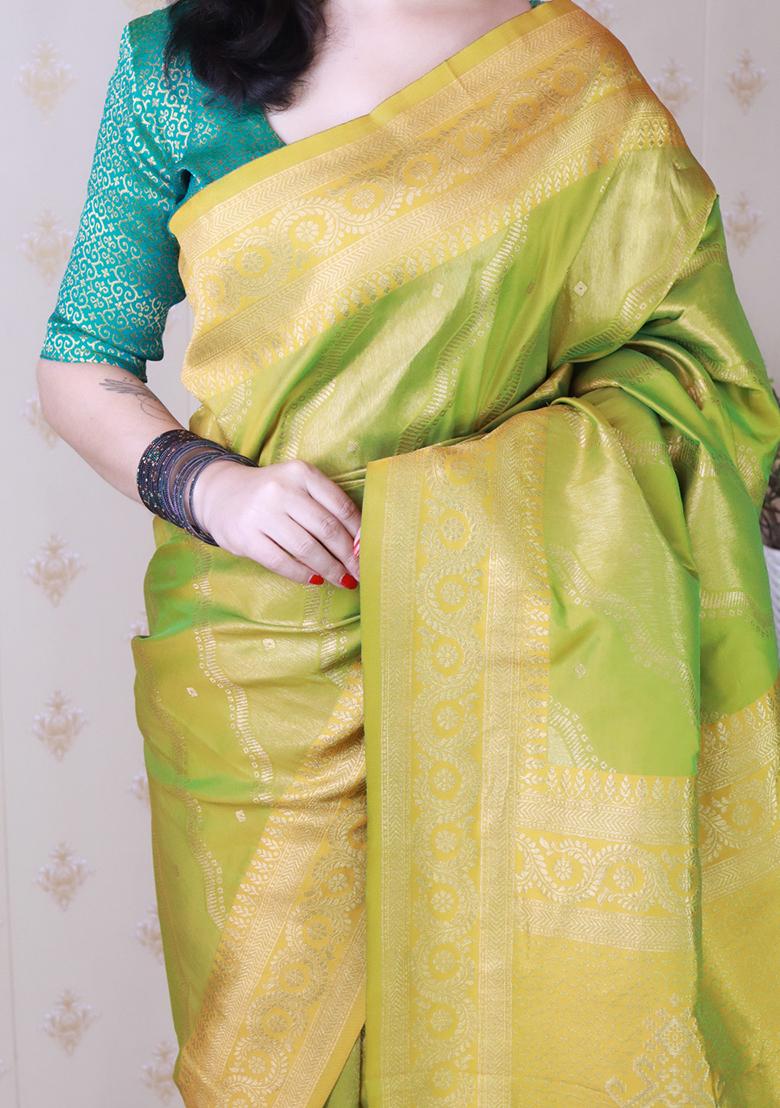 Green Zari Work Silk Saree Set - Indya