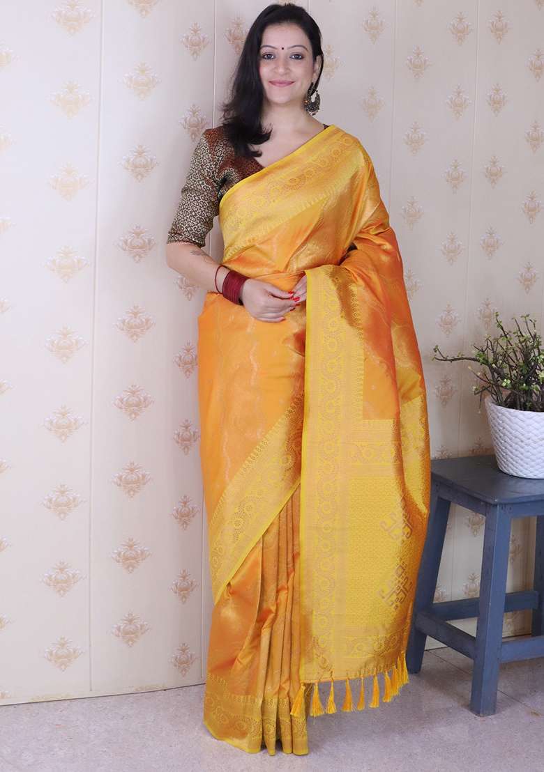 Orange Zari Work Silk Saree Set for Diwali and Festive Wear - Indya
